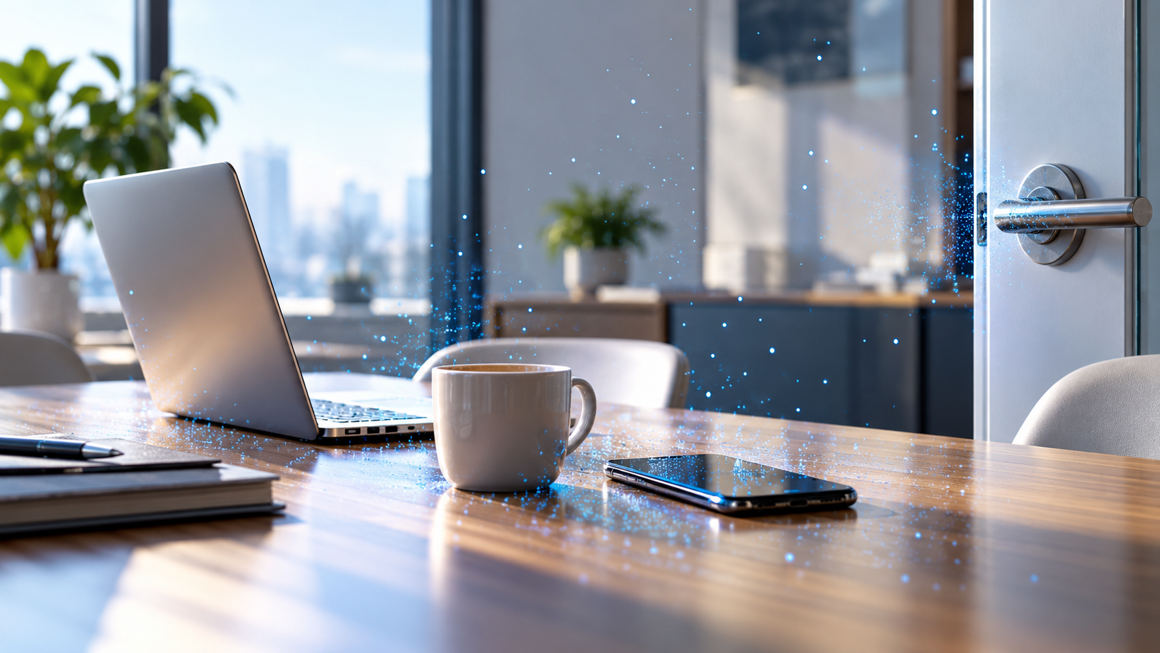 Shared office table with subtle blue particles on surfaces and in the air