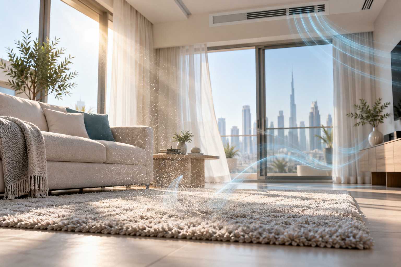 Dust particles being redistributed through a modern UAE living room by airflow and daily movement