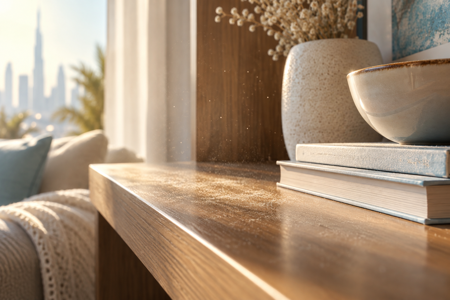 Fine household dust settling on a wooden shelf in warm sunlight