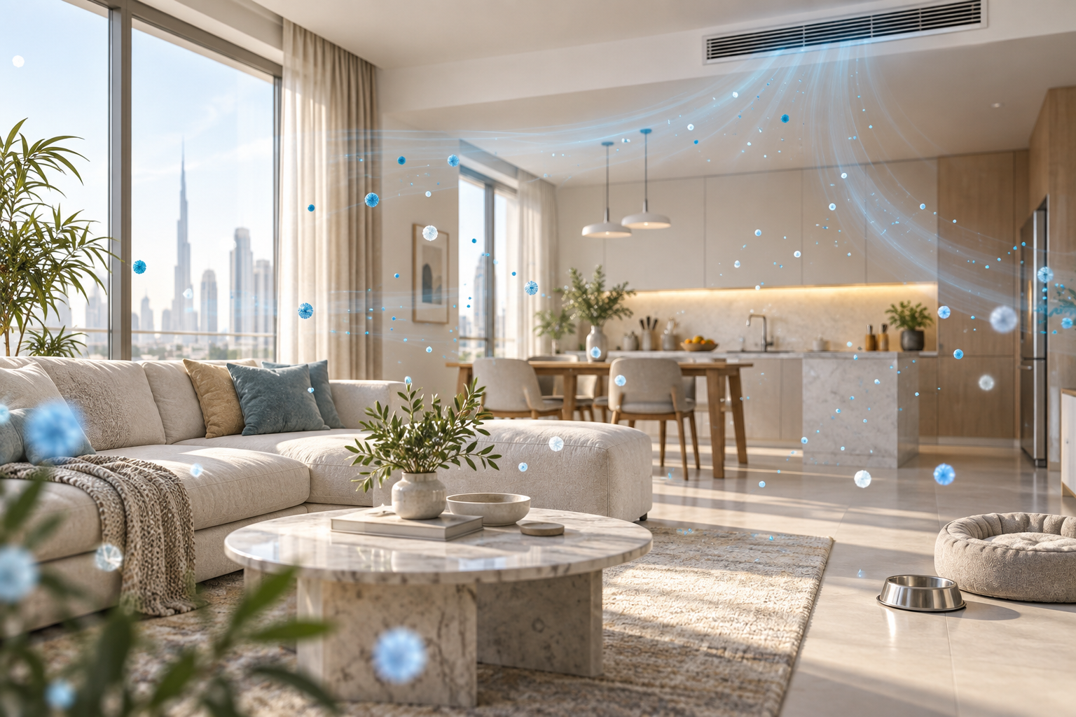 Modern UAE apartment showing invisible indoor particles and airflow circulating through a living space