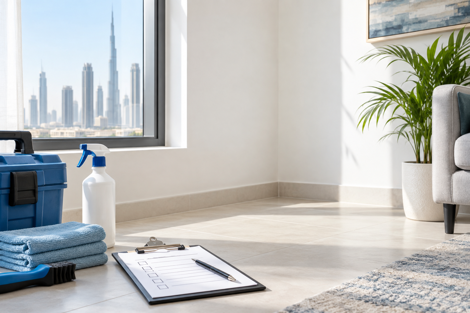 Clean indoor corner after professional mold remediation with maintenance tools nearby
