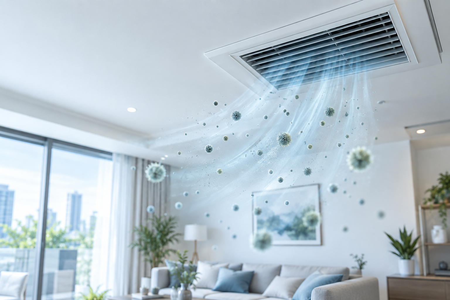 Airborne mold spores moving through airflow from an AC vent in a clean indoor room