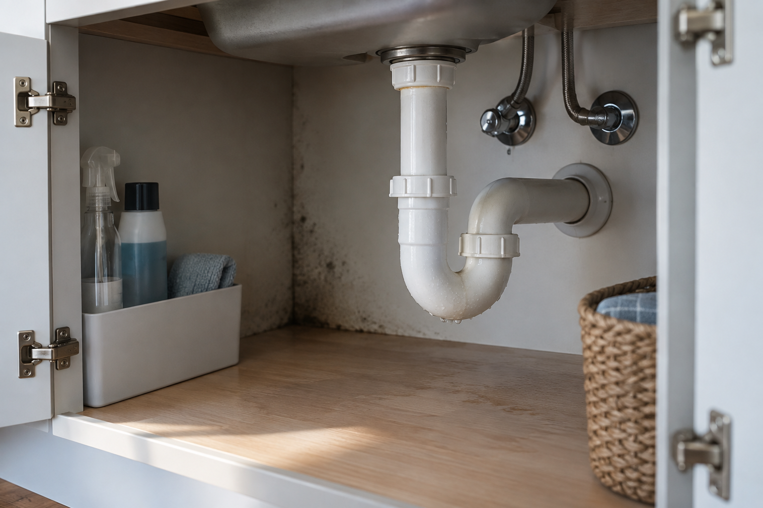 Under-sink cabinet showing a hidden damp corner where mold can begin in humid indoor spaces