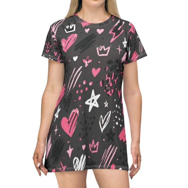 Pink Punk Doodle T-Shirt Dress — Hearts, Stars & Lightning Sketch Print, All-Over Print Dress | Elysium