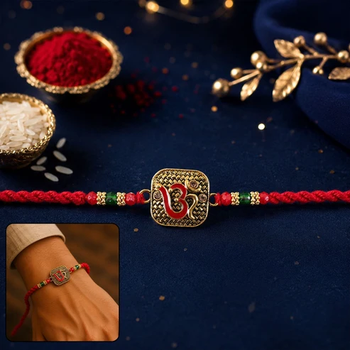 Antique Red Om Square Pendant Rakhi – Traditional Festive Design