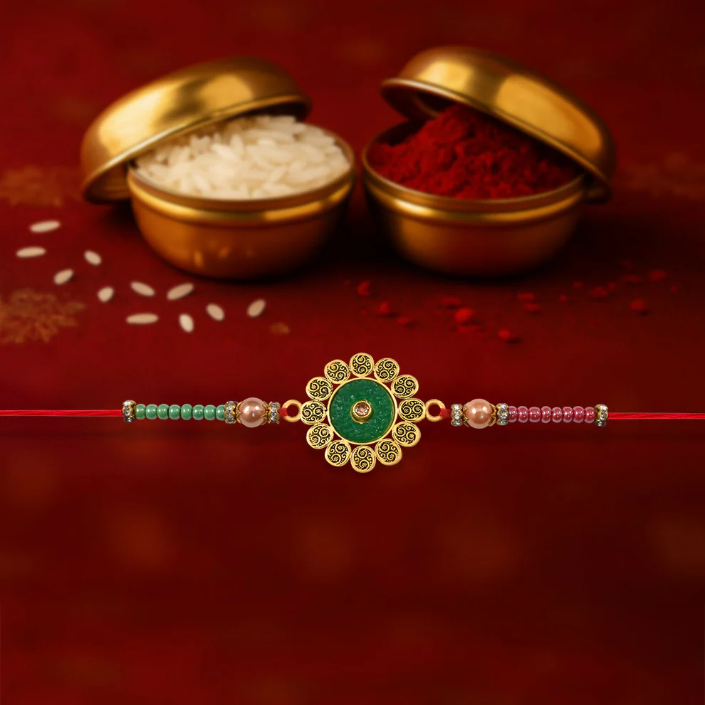 Floral Rakhi with Green Centerpiece – Elegant Multicolor Beads