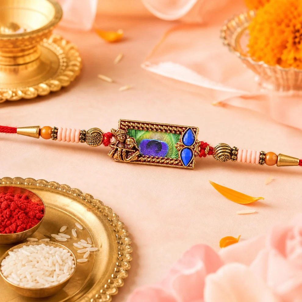 Radha Krishna Rakhi Mor Pankh Design for Brothers on Raksha Bandhan