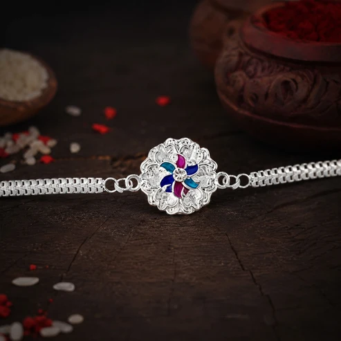 Silver Floral Rakhi – Premium Enamel Dual Chain Periapt Rakhi
