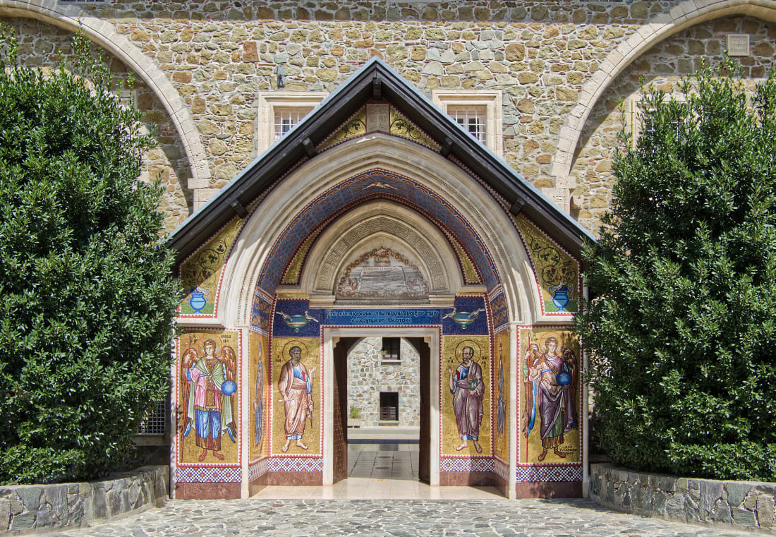 The golden mosaic entrance of Kykkos Monastery, Cyprus