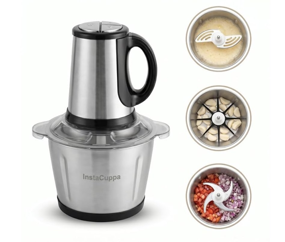 InstaCuppa Electric Chopper for Kitchen Use with 3 Attachments, 2 Litre Stainless Steel Meat Mincer, 300W Vegetable Cutter Machine with Garlic Peeler and Egg Whisker, Carrot Grater for Busy Moms