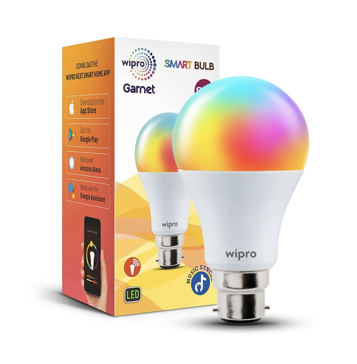 wipro 9-Watt B22 WiFi Smart LED Bulb with Music Sync (16 Million Colours + Warm White/Neutral White/White) (Compatible with Amazon Alexa and Google Assistant), Standard (NS9400)(Pack of 1)