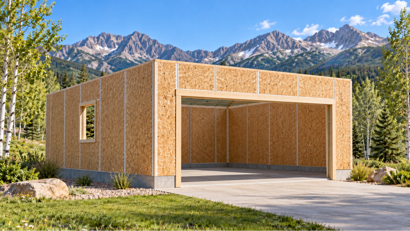 SIP garage walls standing complete on the slab
