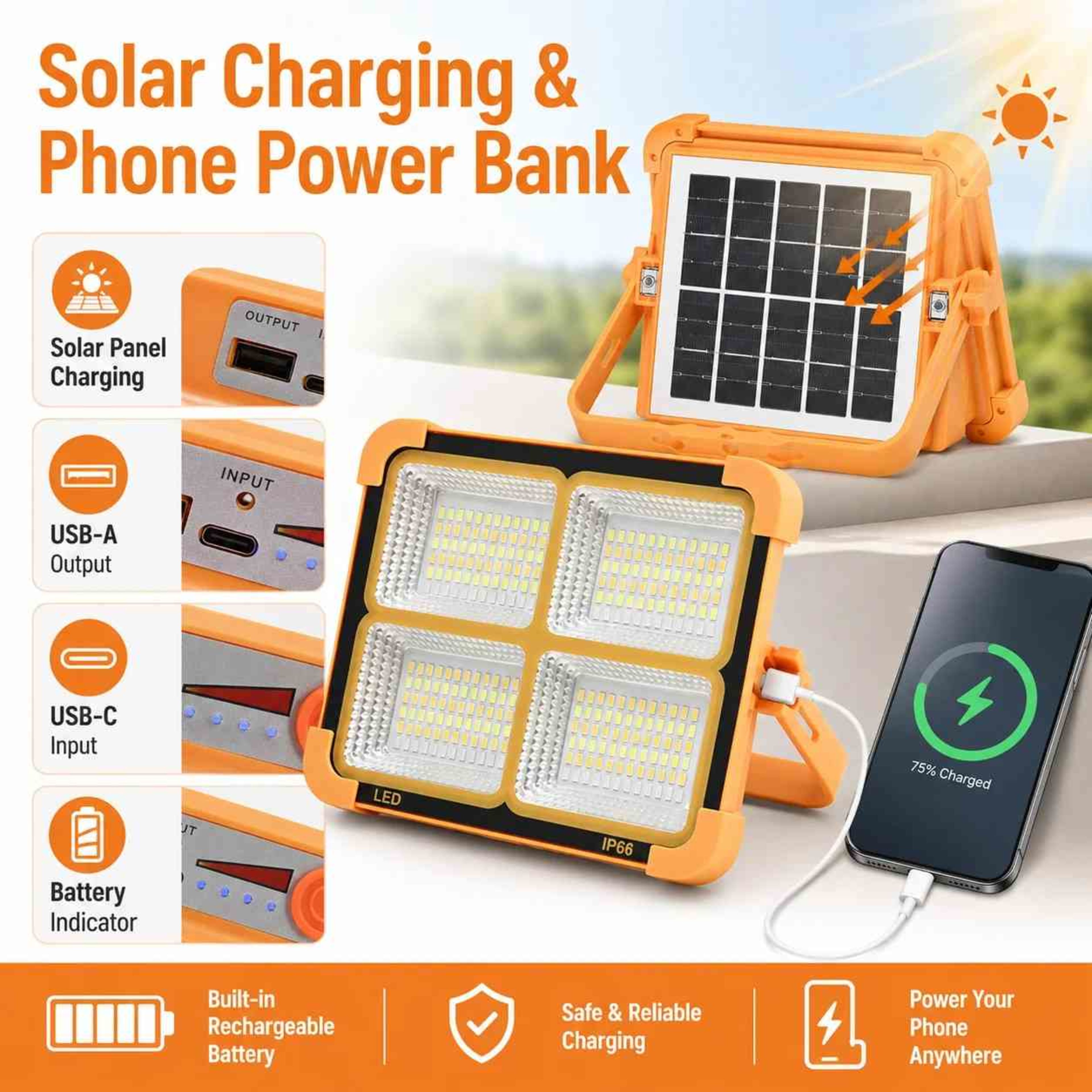 Solar LED Flood Light Portable USB Power Bank 4 Light Modes Adjustable Stand | shwapnomart - Image 2