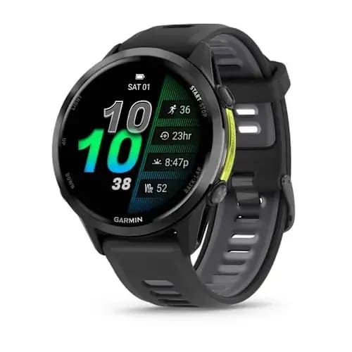 Умные часы Garmin Forerunner 970 угольно-серый DLC Titanium с черным корпусом и черным/прозрачным белым ремешком