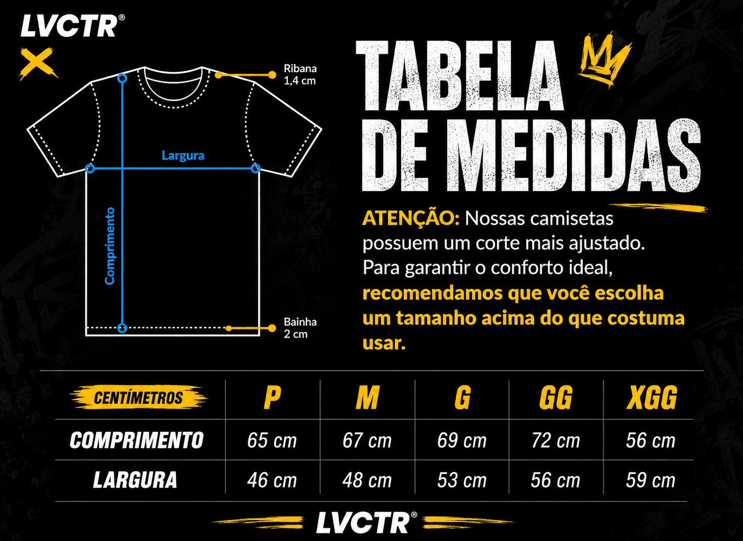 Tabela de medidas Camiseta Tradicional LVCTR