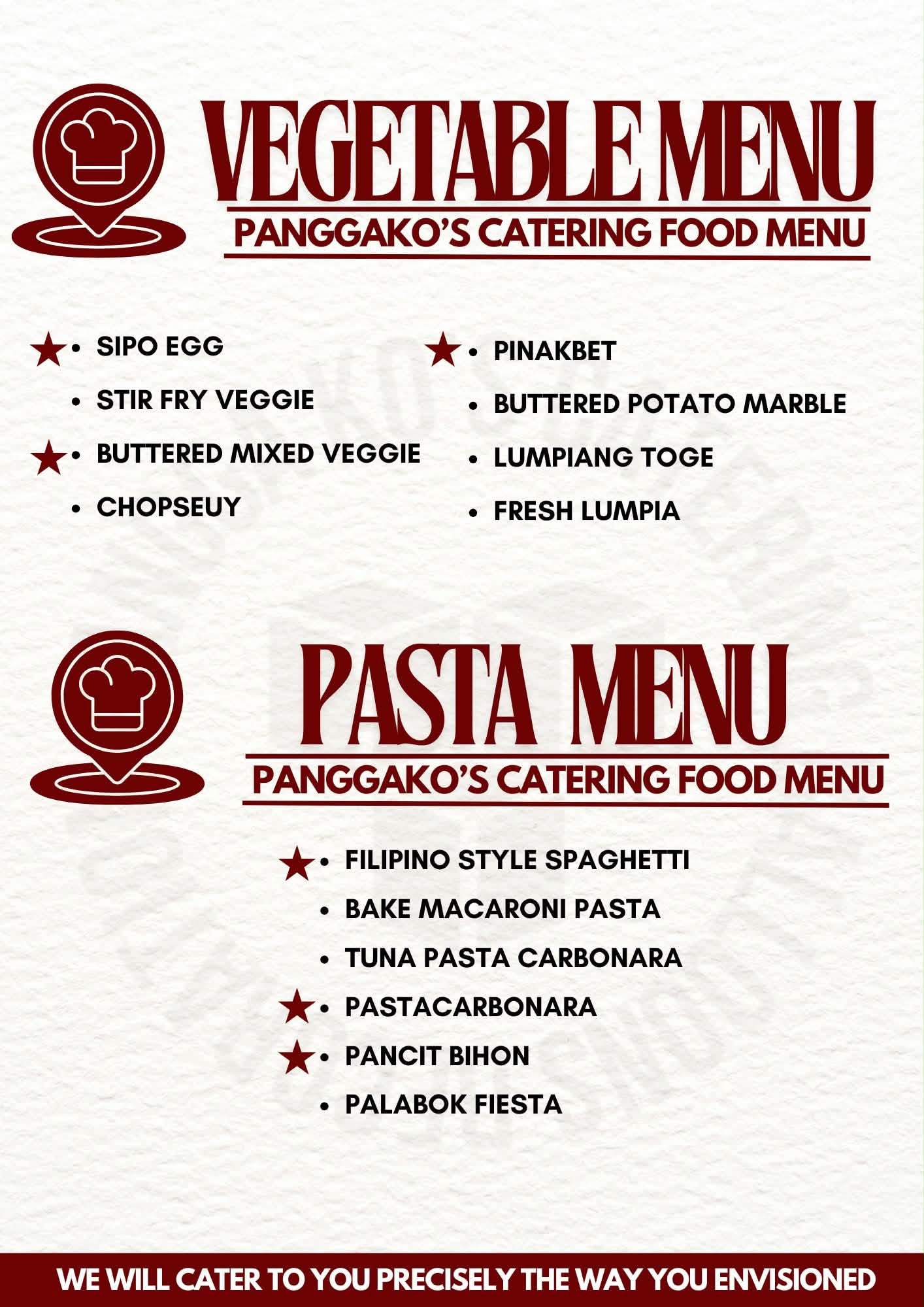 Vegetable & Pasta Menu