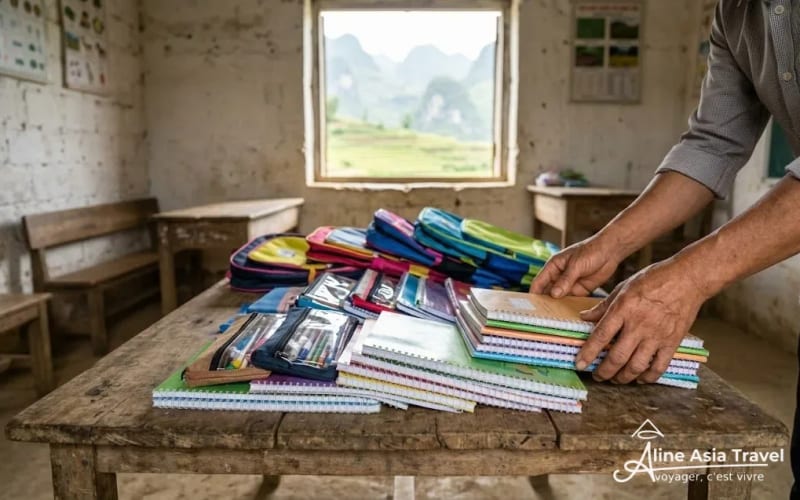 Cahiers et sacs d'école pour une école de montagne