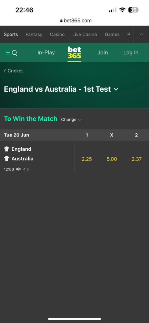 Bet365 Ashes Odds