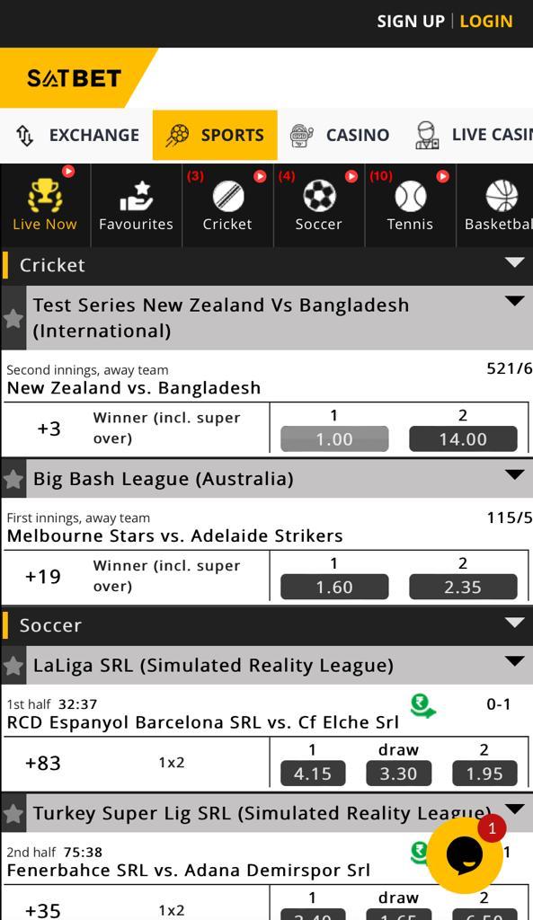 satbet cricket betting screenshot