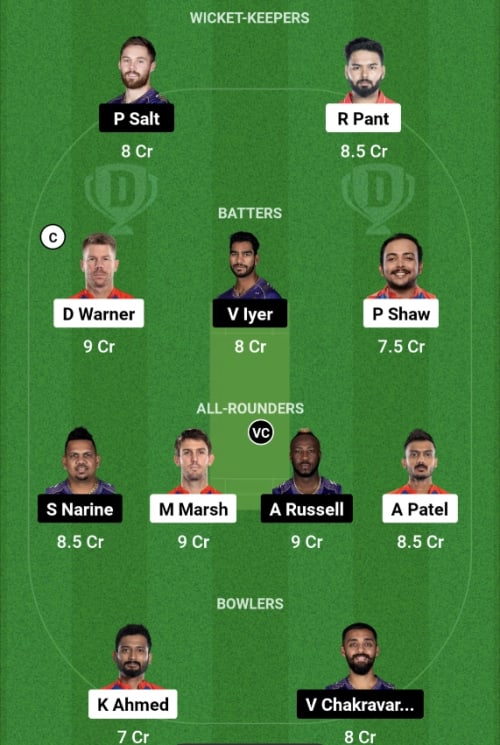 DC vs KKR Dream11 Prediction - OCB Team Prediction