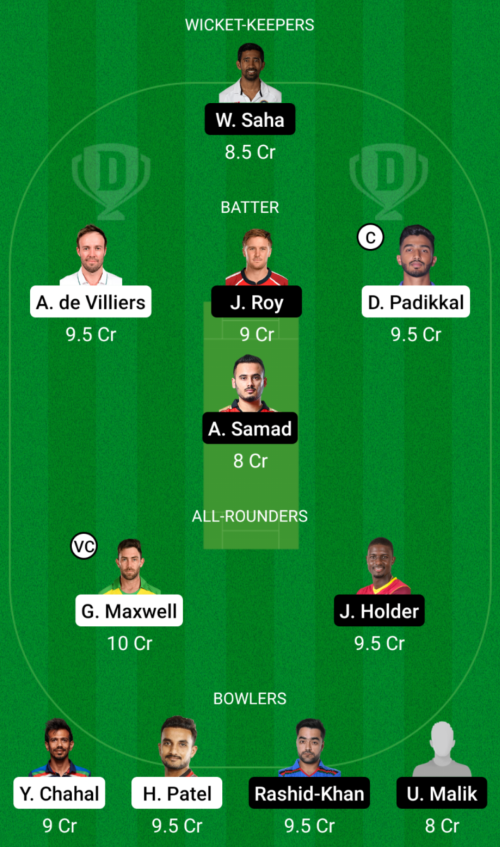 Royal Challengers Bangalore vs Sunrisers Hyderabad Dream11 Team Prediction