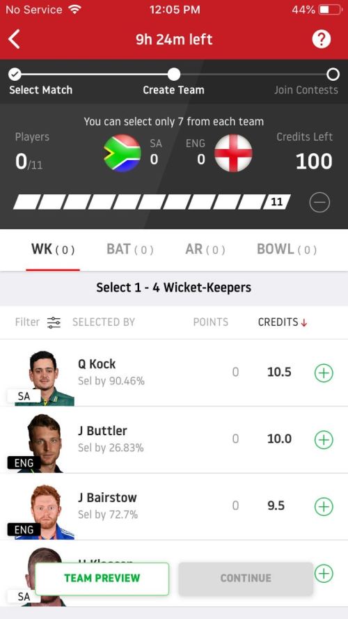 Dream11 Create Team Page