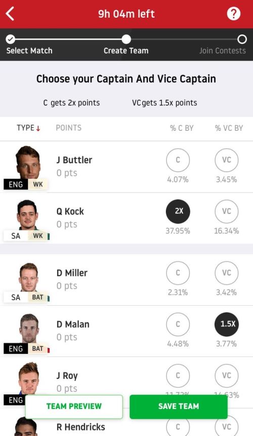 Dream11 Captain Selection Page