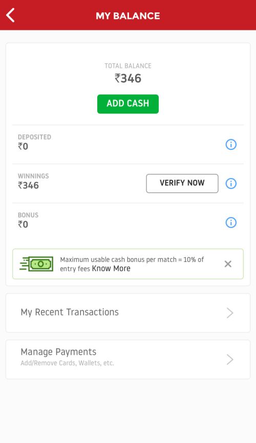 Dream11 Account Balance Page