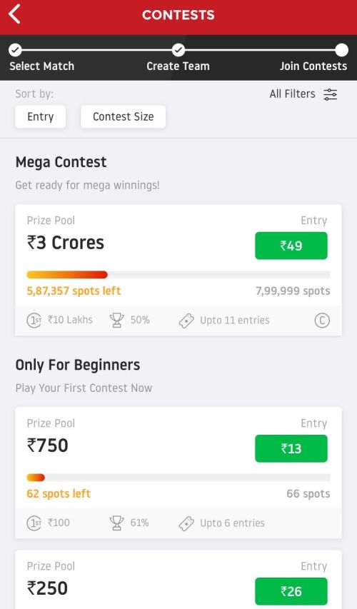 Dream11 List of Contests