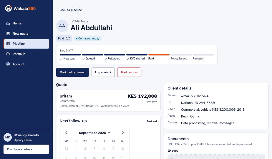 Lead page showing pipeline progress, the saved quote and client details