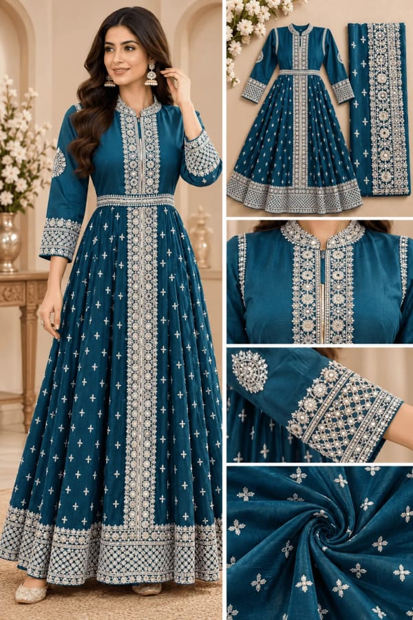 teal blue embroidered anarkali — Anarkali