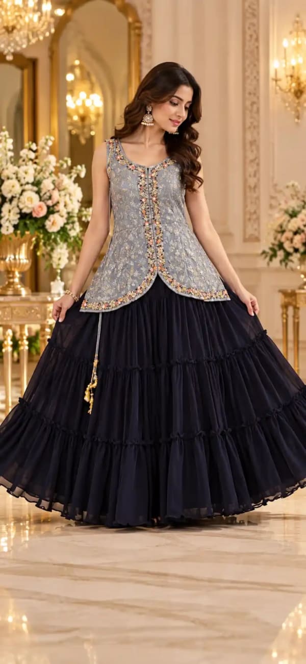 Elegant grey embroidered jacket paired gown — Gown