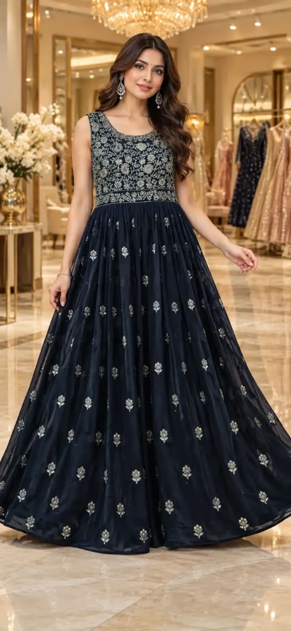 Elegant-navy-blue-gown-featuring-intricate-silver-embroidery — Gown