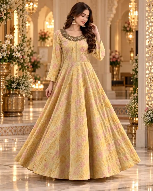 Elegant pastel-yellow gown featuring delicate pink floral prints — Gown