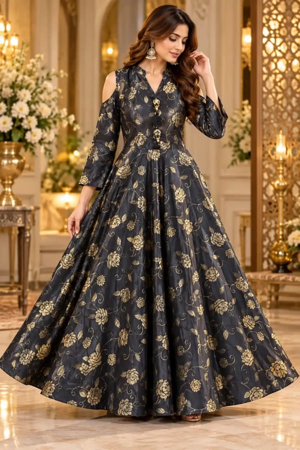 Elegant greyish black gown featuring beautiful golden floral prints — Gown