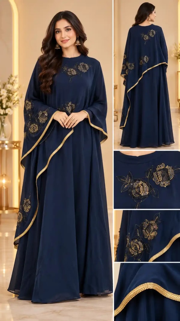 eligant navy-blue poncho style gown — Gown