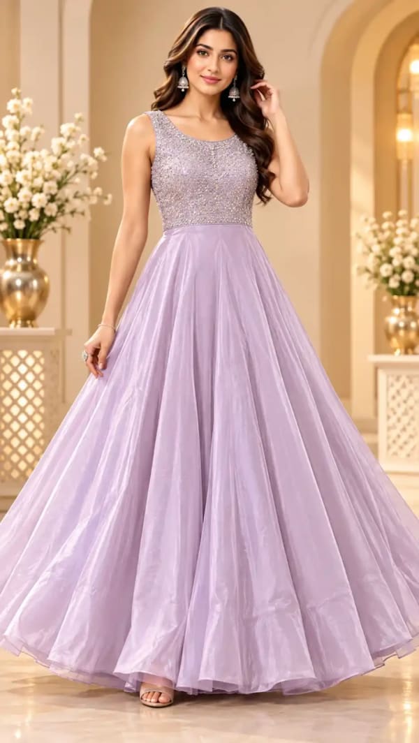 Elegant lavender gown featuring a heavily embellished silver floral bodice and a graceful — Gown