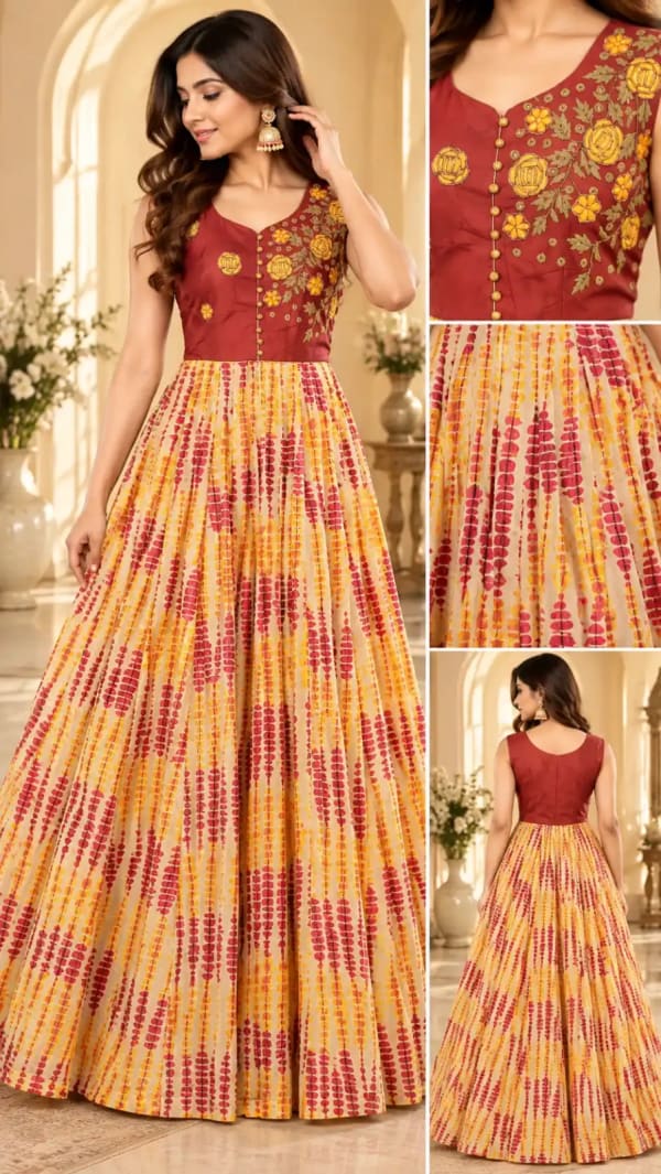 Elegant ethnic gown featuring a maroon embroidered bodice with golden floral detailing and a vibrant cream skirt adorned with red and yellow prints — Gown