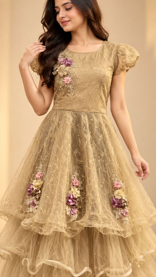 Elegant champagne-gold layered gown — Gown