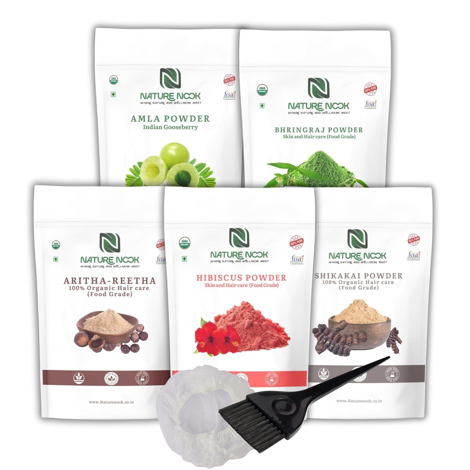 Organic Amla, Reetha, Bhringraj, Shikakai & Hibiscus Powder Combo for Hair Growth (100 grams each) (100 gm)