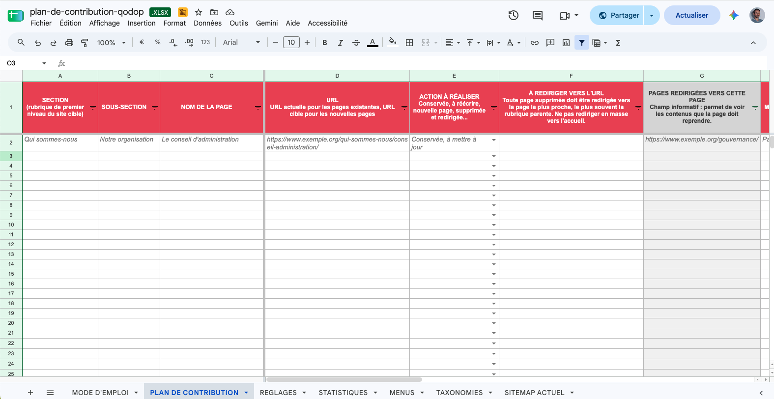 Capture d'écran de l'onglet « Plan de contribution » du template Excel, avec la colonne statut colorée