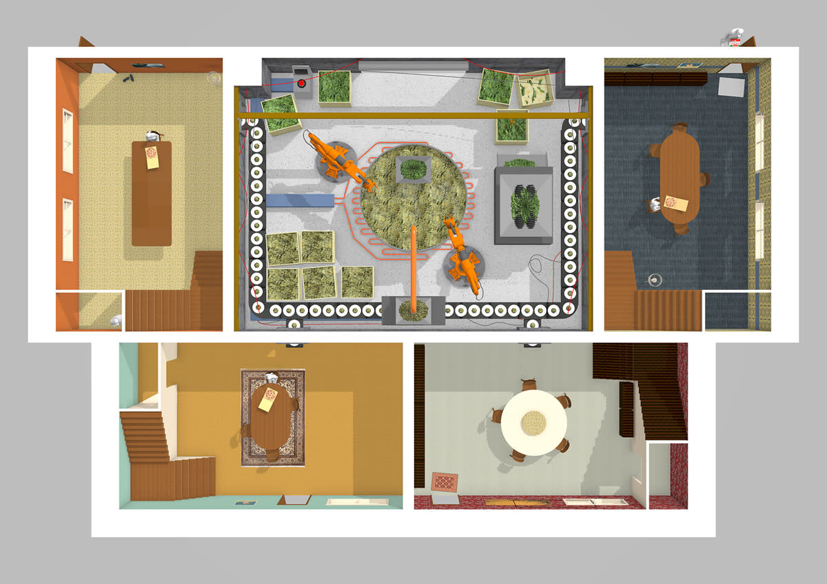 Architectural floor plan of a warm-toned home, showing furnished rooms around a central kitchen with broccoli, a circular pot, and two orange robots; eerie and devoid of human life.