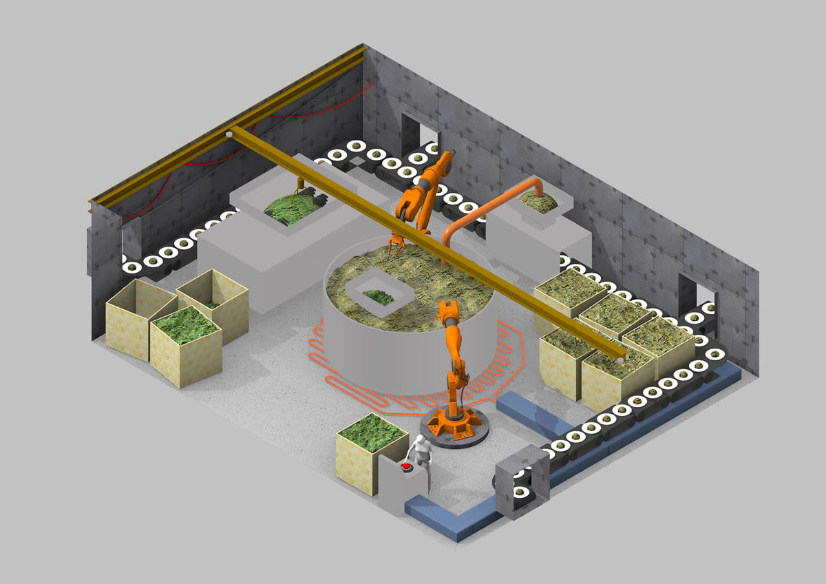isometric of a robotic kitchen devoid of people