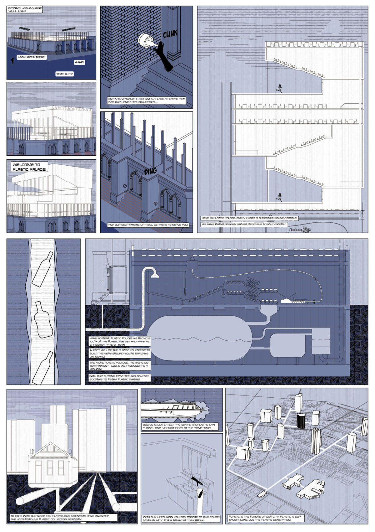 A detailed architectural comic-style illustration depicts various building structures, interior spaces, technical diagrams, and human figures, with explanatory text throughout each panel.