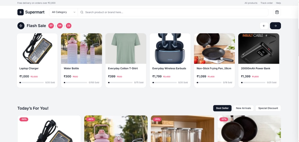 SF Ecom storefront flash sale section with a countdown timer and sold counters