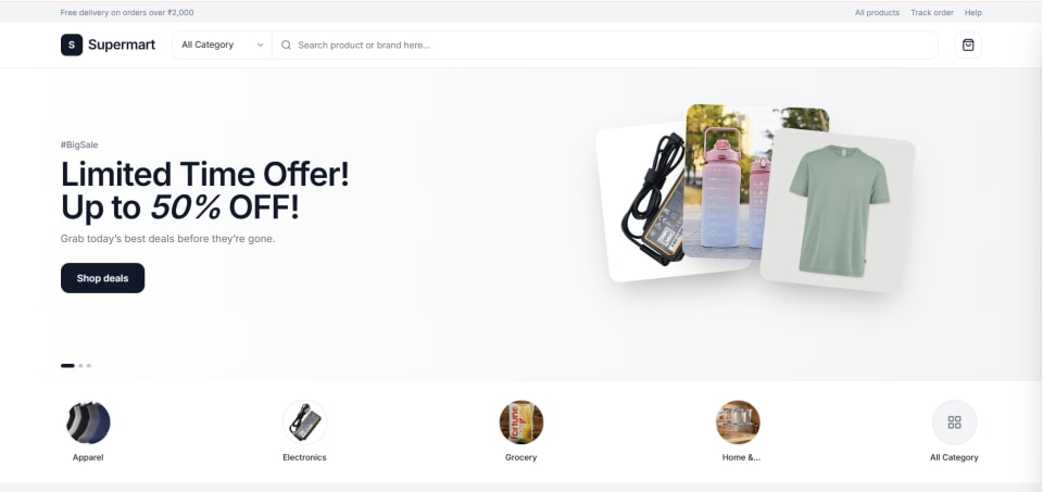 SF Ecom storefront with a limited time offer banner, search bar and category shortcuts