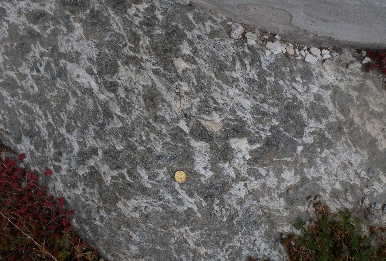 10. Il micascisto a granato e cloritoide del basamento cristallino che ospita le marmitte di Revers.