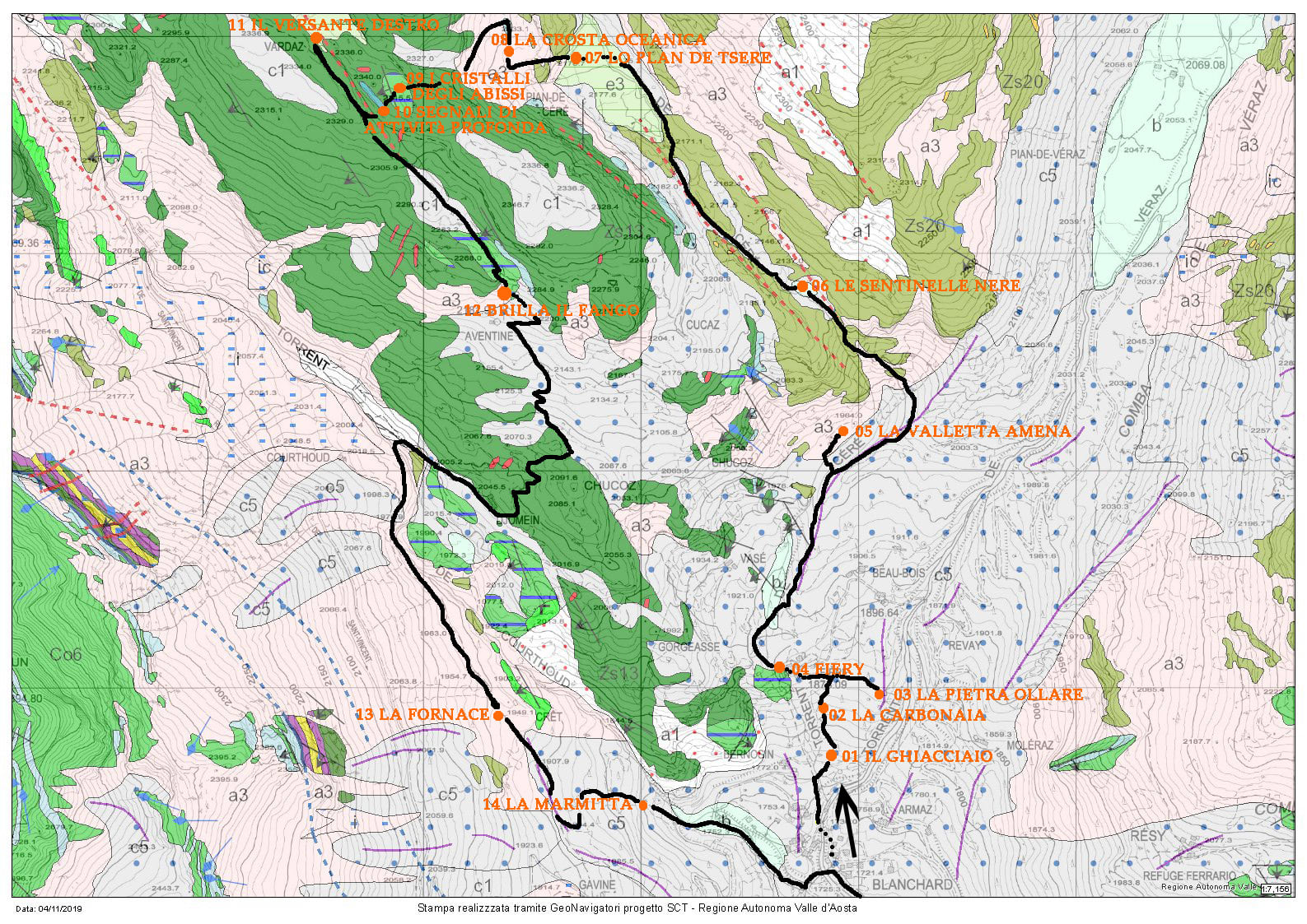 Il percorso tracciato sulla carta geologica. Si inizia sulla antica morena dal ghiacciaio di Verra (in basso a destra) per poi inoltrarsi nelle serpentiniti del vallone di Tsère (verde oliva) e quindi passare alle metabasiti da Varda al Courtod (verde bandiera).
