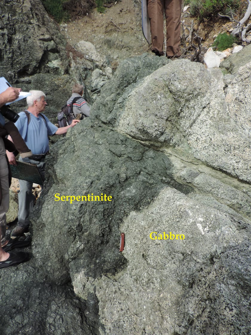 02e. Intrusione di gabbro (magma a composizione basaltica) entro le serpentiniti del fondo oceanico.