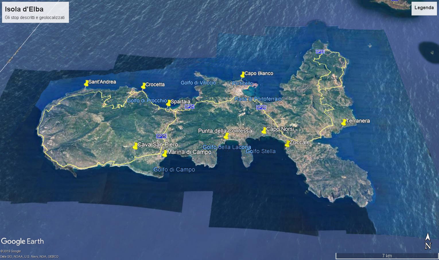 Sull'immagine Google Earth dell'Isola d'Elba vengono evidenziati i siti descritti nel testo o comunque presi in considerazione per ricostruire la storia geologica dell'isola.